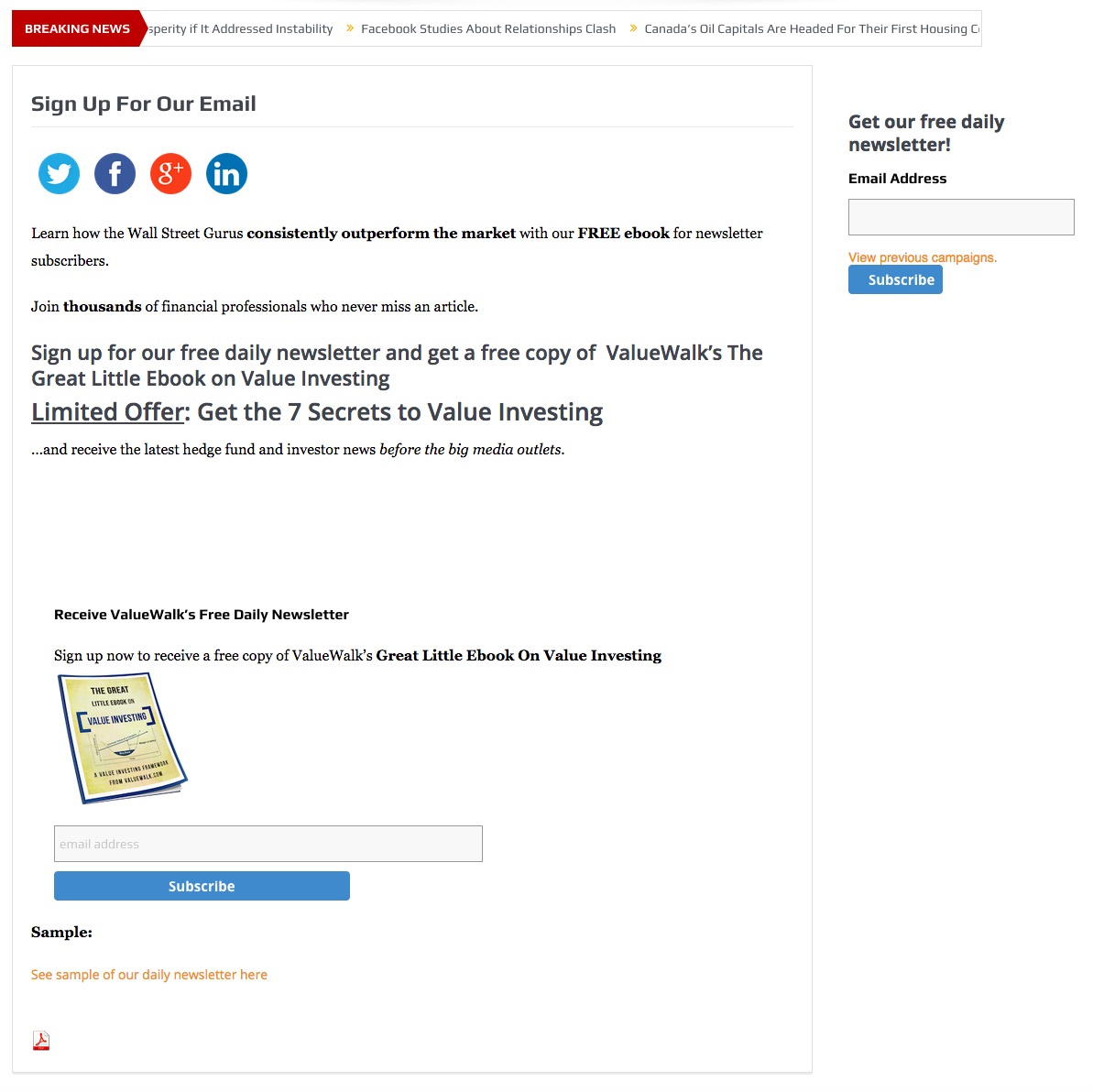 Valuewalk landing page